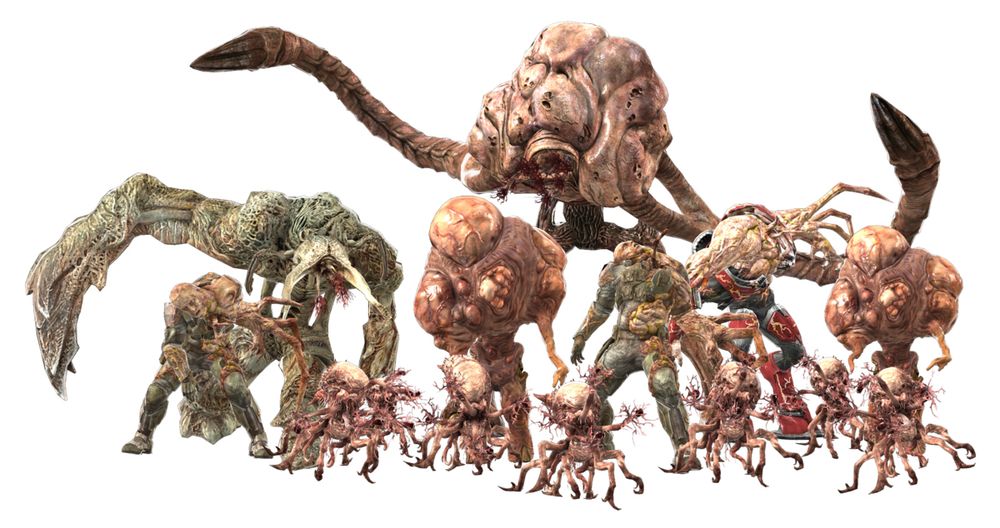 Various grotesque examples of Flood creatures from Halo. 