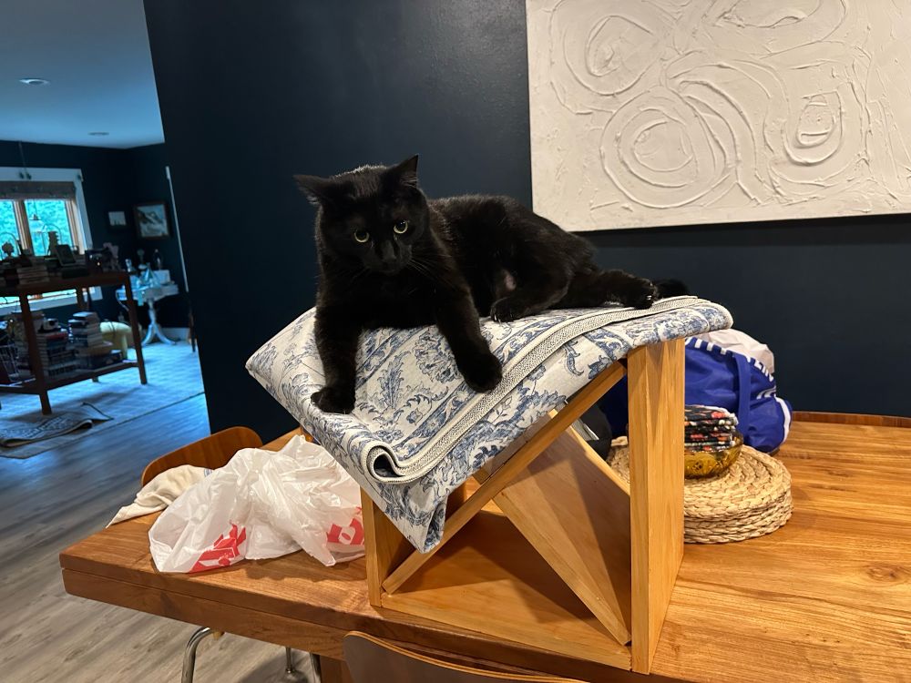 A black car sits on a folded blue and white rug on top of a wooden stool on a table. 