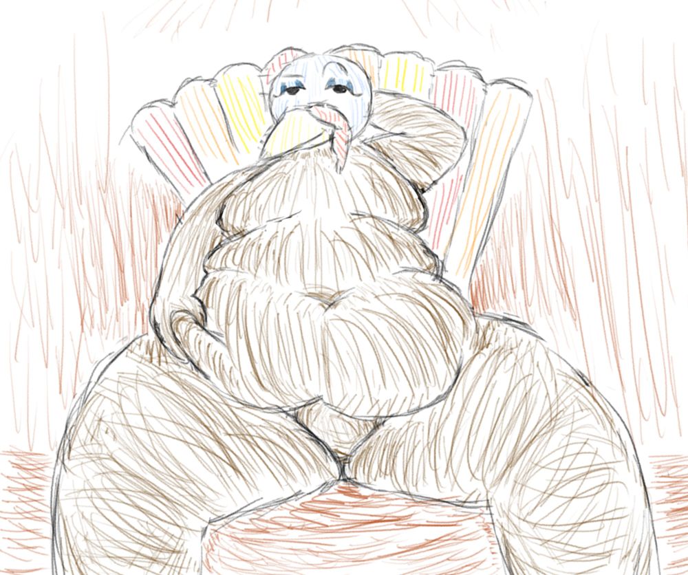 drawing of a fat anthro turkey with their legs spead and grabbing their belly