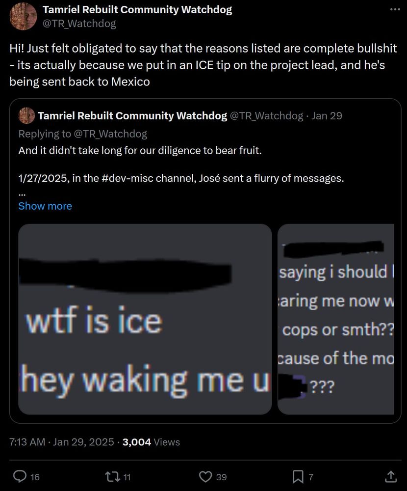 Tamriel Rebuilt Community Watchdog claiming that they submitted a tip to ICE and had a major project contributor deported.