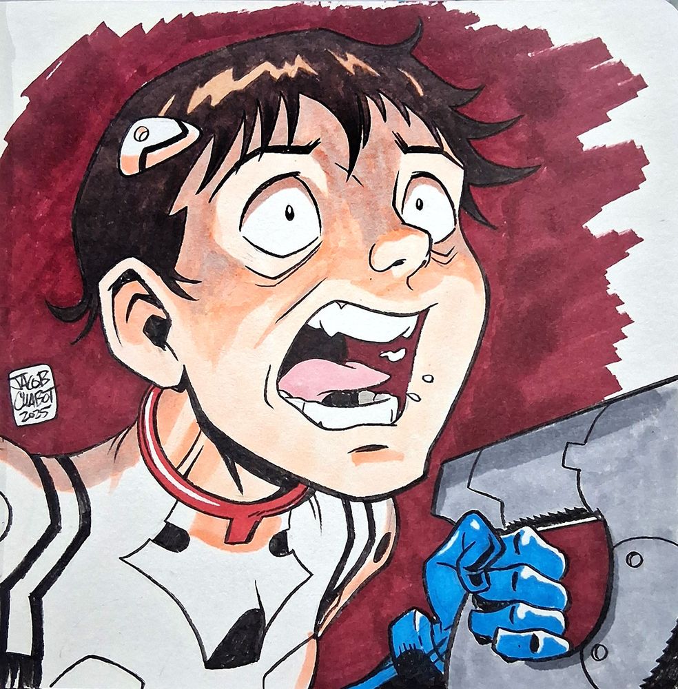 A sketch of Shinji from Neon Genesis Evangelion just absolutely freaking the eff out.