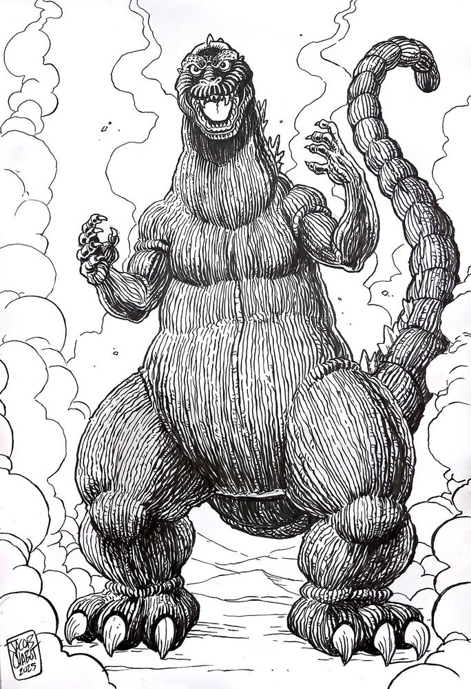 Black and white drawing of Godzilla by Jacob Chabot.