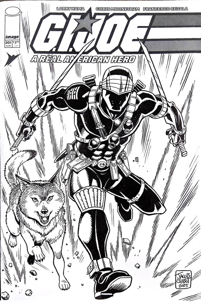 Black and white sketch cover for G.I. Joe featuring Snake Eyes charging forward with two swords accompanied by his wolf Timber.