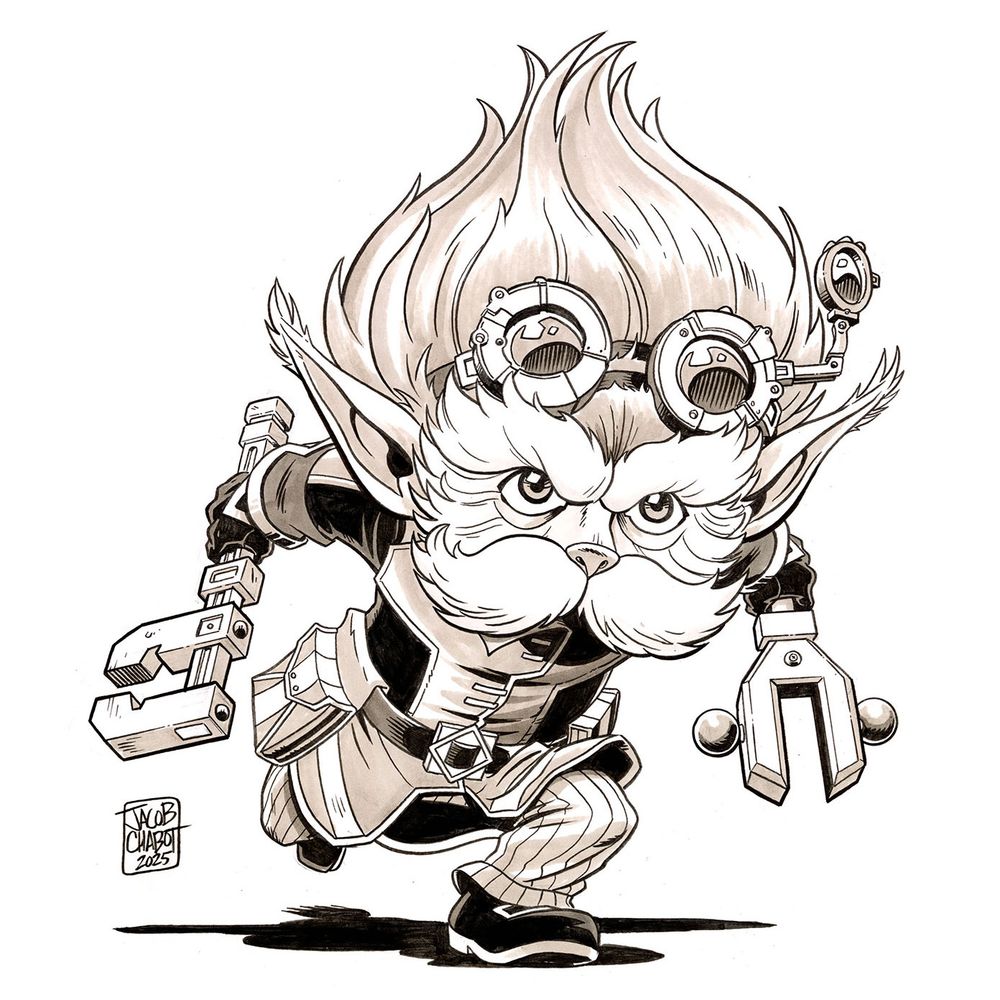 Black and white drawing of Heimerdinger from the video game League of Legends. He's charging forward with his tools in each hand.