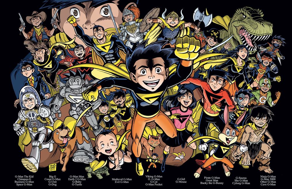 Image of different versions of Chris Giarrusso's G-man referencing an Art Adams Savage Dragon pin-up. The versions include G-Man The Kid, Chimpan-G, Business G-Man, Space G-Man, Big G, Count G-Man, G-Unit, G-Dog, G-Man-Man, Earth 2 G-Man, G-Baby, G-Turtle, Medieval G-Man, Evil G-Man, Viking G-Man, O.G-Man, G-Cat, G-Man Pocket, G-Girl, G-Mouse, Pirate G-Man, Great Man, Bucky the G-Bunny, G-Saurus, She-G-Man, Cyborg G-Man, Ninja G-Man, G-Man 3000, Other G-Man, and Cave G-Man. Phew!