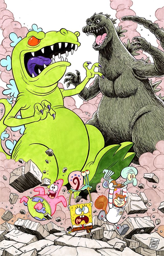 Reptar fighting Godzilla while Patrick, Spongebob, Gary, Sandy Cheeks and Squidward flee!