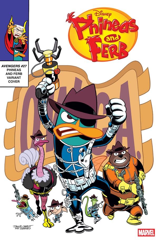 Phineas and Ferb variant cover by Jacob Chabot for Avengers #27. It's an homage to Strange Tales #167 by Jim Steranko with Agent P in the role of Nick Fury charging forward followed by other animal agents - Frog, Ostrich, Chihuahua, Lizard, and Bear - against the Organization Without a Cool Acronym (O.W.C.A.) logo.