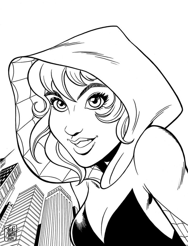 Black and white line-art drawing of Spider-Gwen the Ghost Spider by Jacob Chabot.