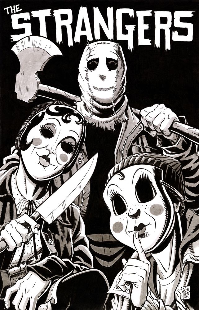 Black and white drawing of Scarecrow, Pin-Up Girl, and Babydoll - the masked villains of The Strangers.