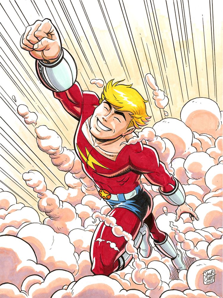 Drawing of Scott McCloud's Zot! by Jacob Chabot. Zot is flying fist forward through a bank of clouds.