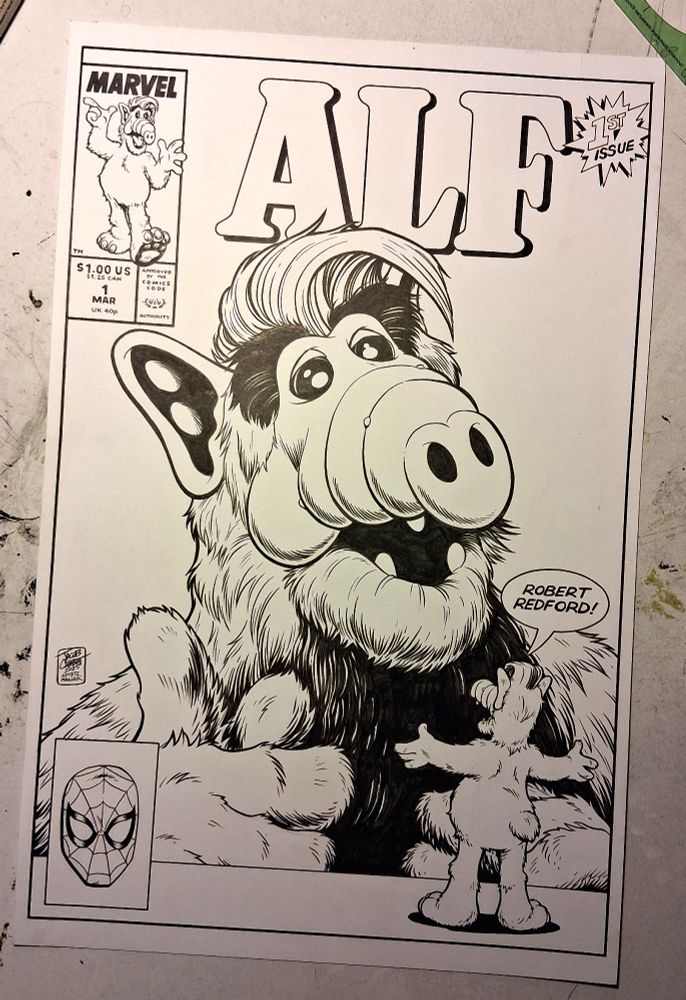 A recreation of the cover to Marvel Comics Alf #1 by Jacob Chabot (originally Dave Manak). A small cartoon Alf looks up at a large more photo-realistic Alf and says "Robert Redford!"