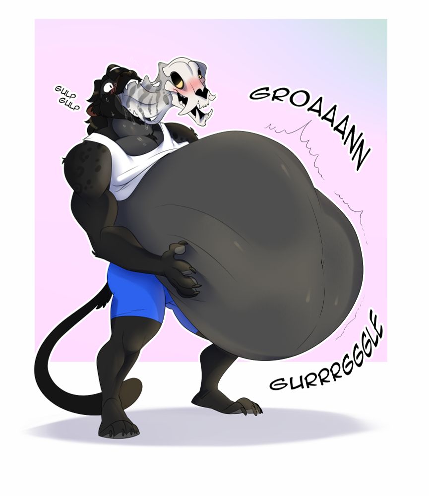 Zah, a muscly, black panther wearing tight shorts and a tank top. He is sweating and gulping down the gooey body of Malsanz. His hands are barely supporting his stomach which gurgles and groans as it still sags just past his knees. Of Malsanz, only his blushing tiger skull and a bit of his neck remain unconsumed.