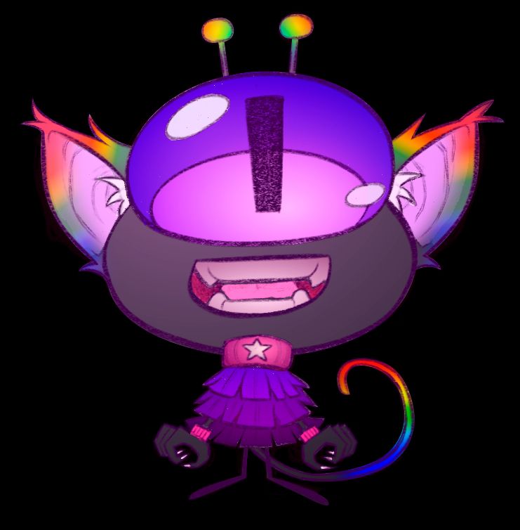 A cartoon eyeball feline gremlin alien creature, Rainbow highlights their fuzzy ears and tail, along with their antenna and tail. They smile wide, showing their fangs!