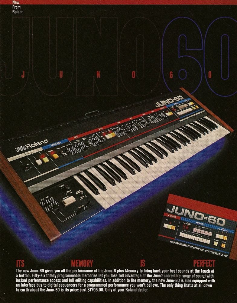 Vintage advertisement for Roland Juno 60 synthesizer.