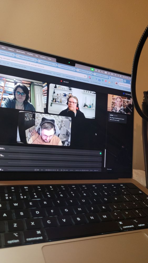 Photo of my macbook with a video call on Zencaster in focus. Above, video windows featuring Tracy Townsend, Patrick Hester, and Michael Ireland, and a smaller one of myself. Below, audio waveforms of each speaker. 