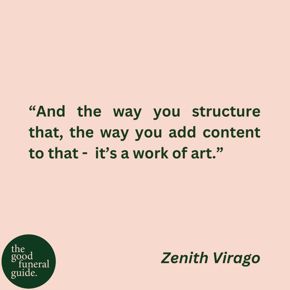 A quote in green font on a pinkish background, reading “And the way you structure that, the way you add content to that - it’s a work of art.”

The quote is attributed to Zenith Virago.