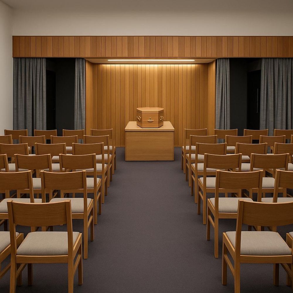 An empty crematorium with a simple coffin on the catafalque

