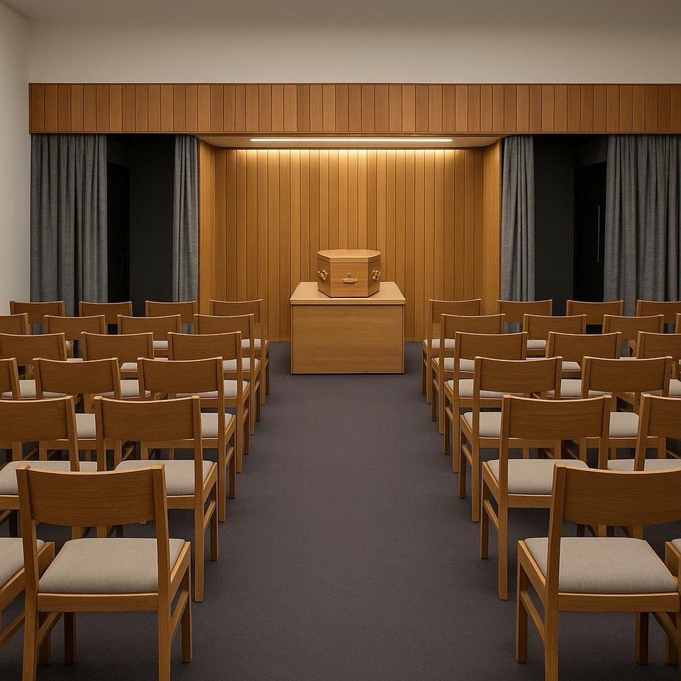 An AI generated image of a plain coffin on a catafalque in an empty crematorium chapel.