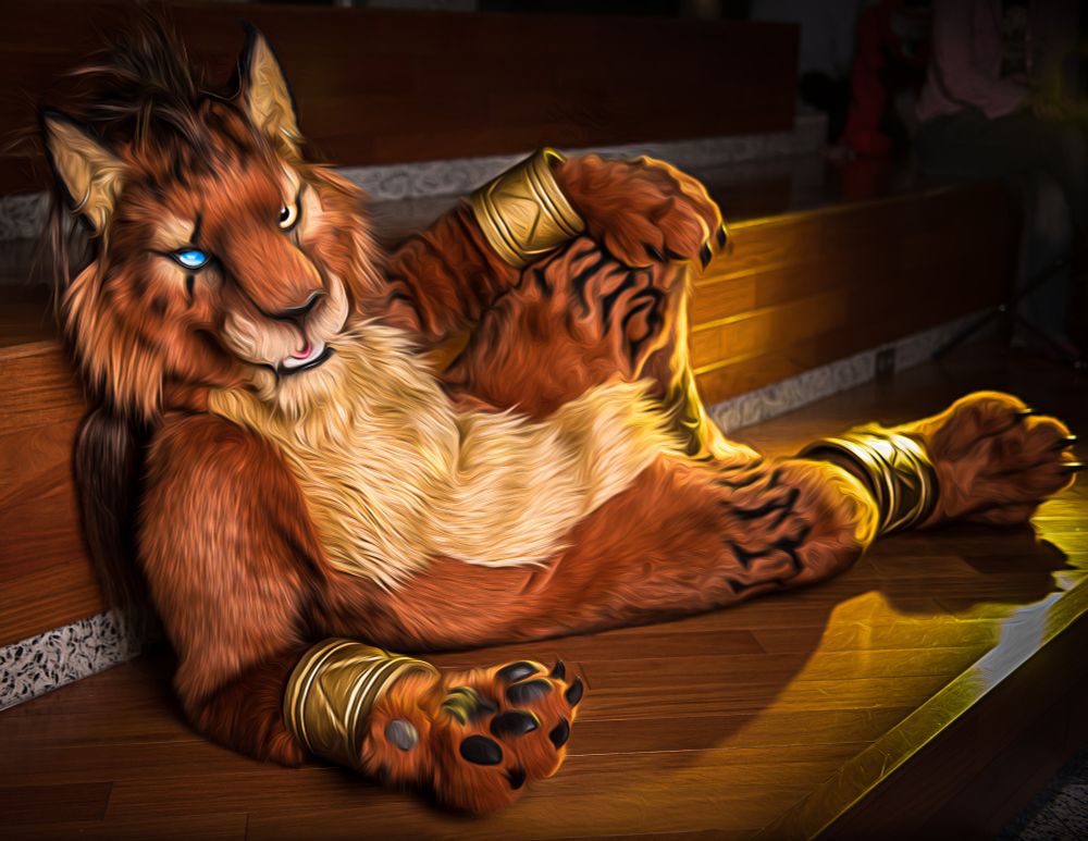 An anthropomorphic version of Red XIII lounging on a wooden stair.