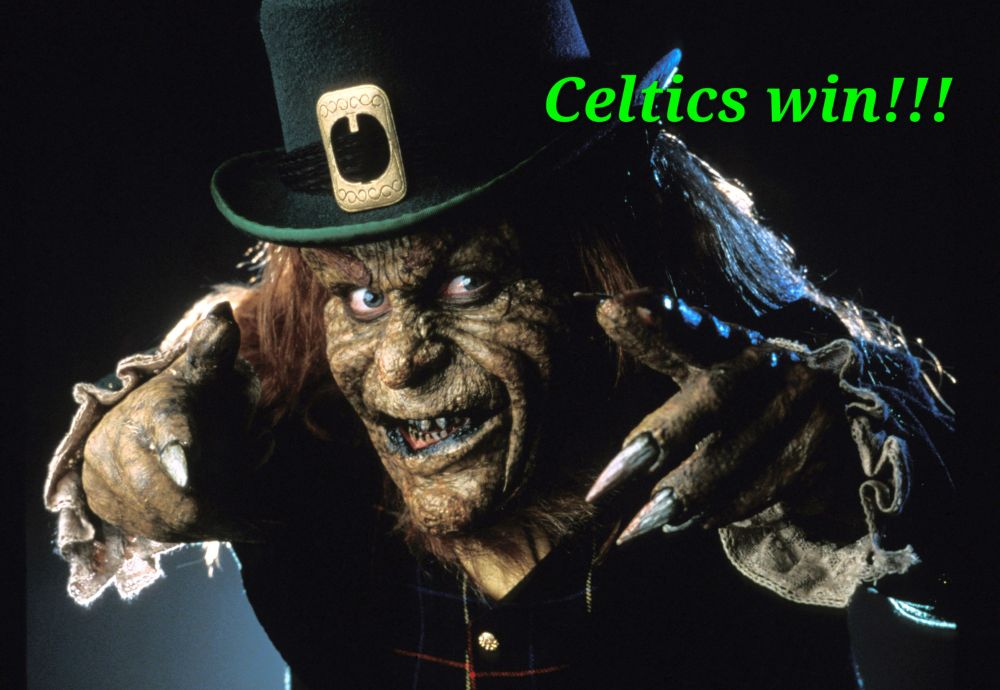 Celtics win graphic featuring the Leprechaun from Leprechaun 