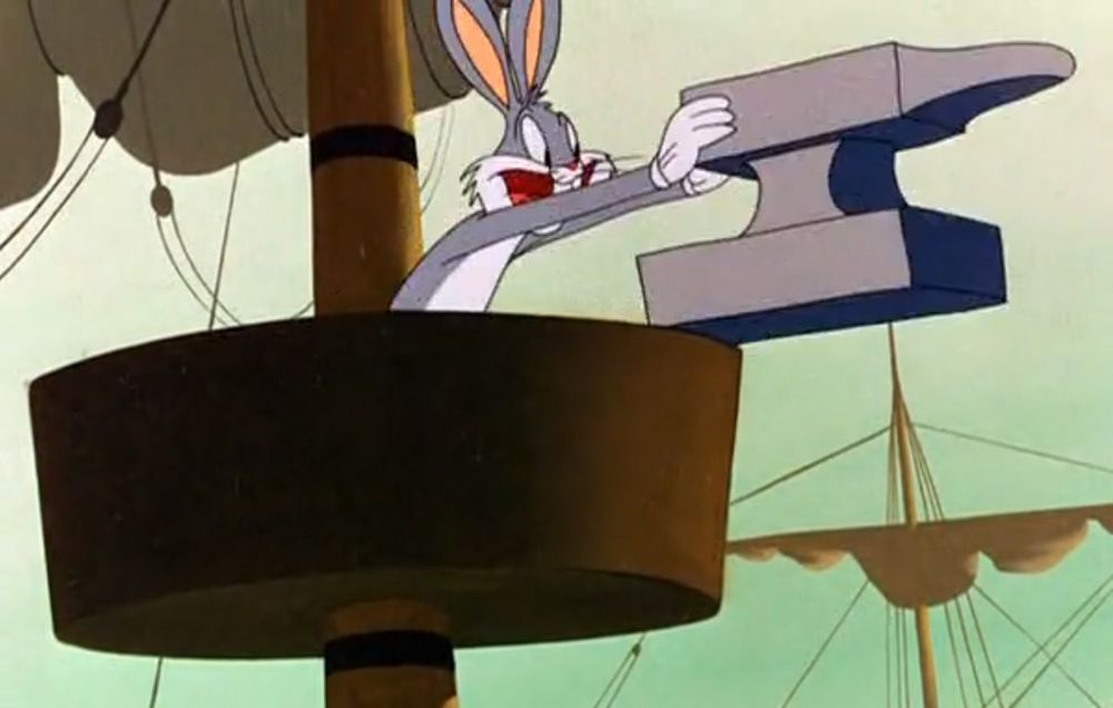 A picture of Bugs Bunny pushing an anvil out of a ship's crow's nest