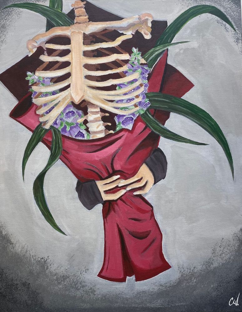 A painting with a light grey background. A pair of hands hold a bouquet of purple foxglove flowers with long green leaves curling outwards, wrapped in red material. A skeletal spinal column and ribcage sit in the middle of the bouquet.