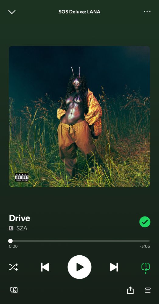 Screenshot from my Spotify profile of Drive by SZA on SOS Deluxe: LANA.