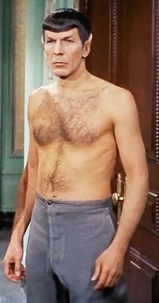 A picture of Leonard Nimoy as Spock. He is shirtless and his chest is hairy.