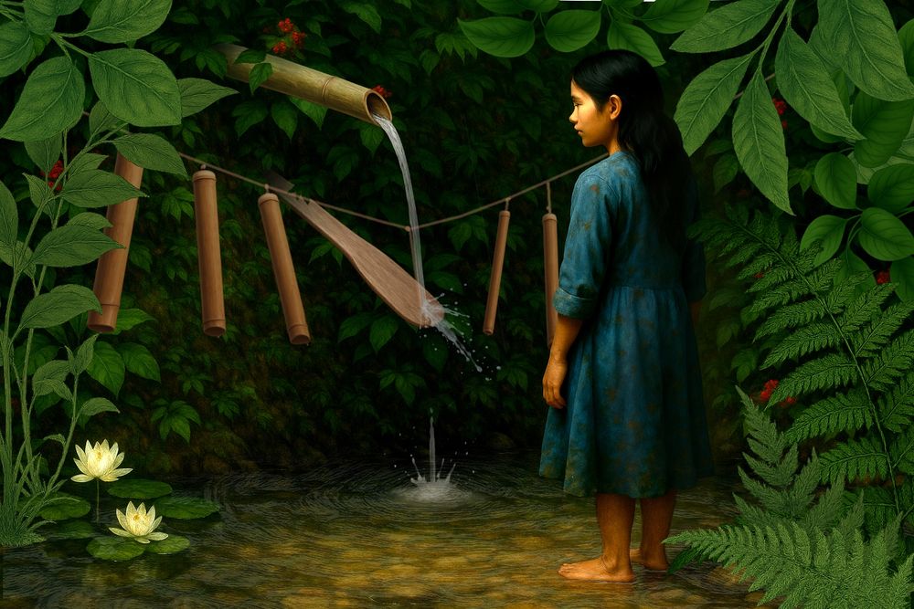 Today's image is from my Eolis stories: Aurora discovers where comes from the bamboo music which rocked her childhood. This image required assembling 11 prompts from ChatGPT. It can do some really nice things, like the character and the background. But it completely misses the descriptions or the layout of objects, which means you have to make it draw them one by one. 