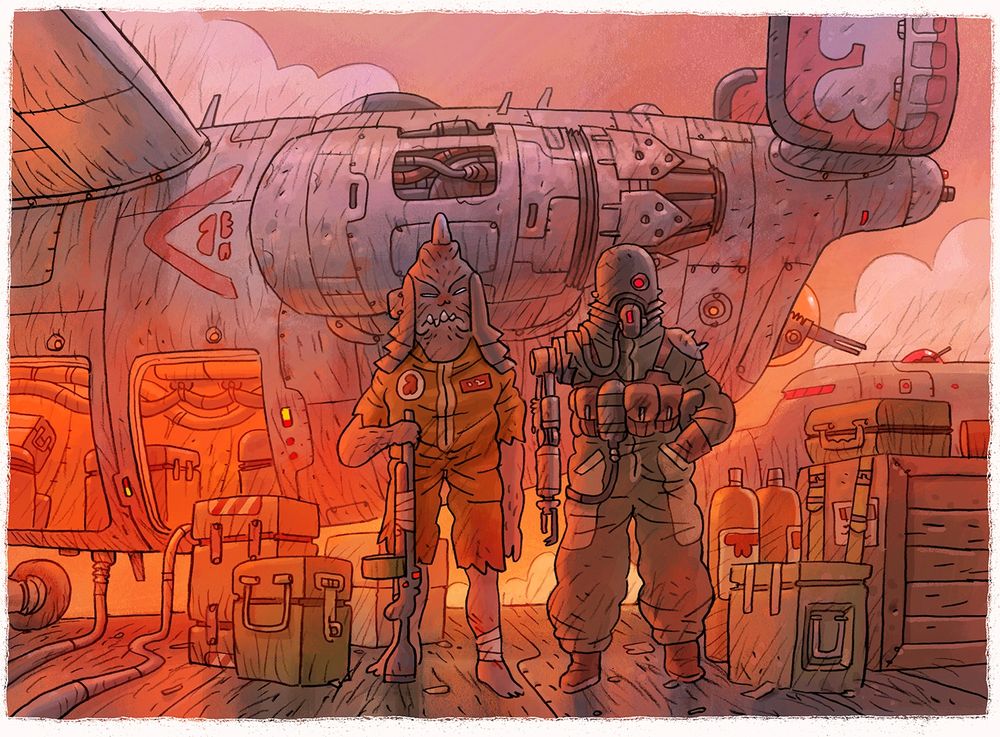 A pencil drawing of 2 spacers standing  in front of a flying machine surrounded by cargo 