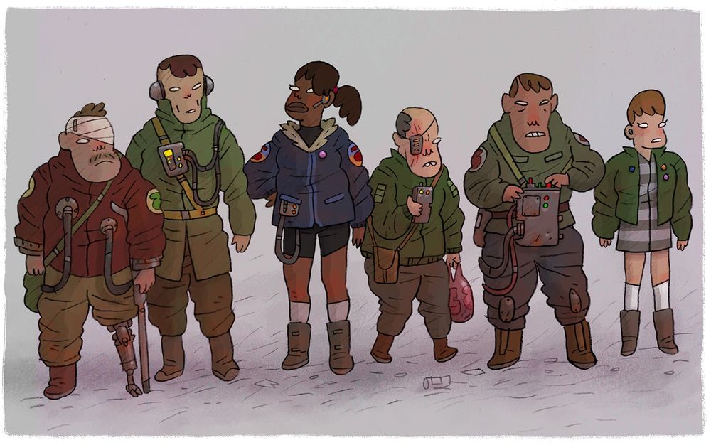 Pencil drawing of 6 sci fi type humans 