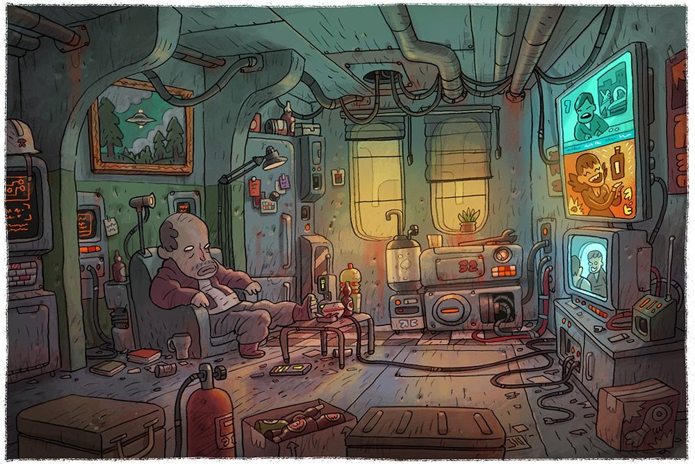 Pencil drawing of a man in a room watching TV