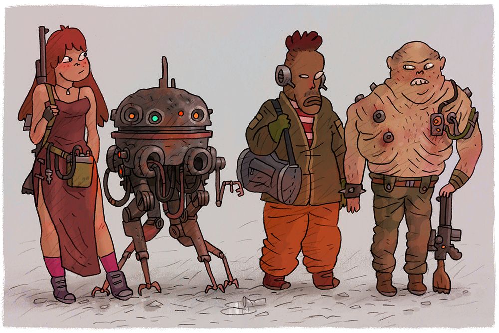 Pencil drawing of 4 space type characters