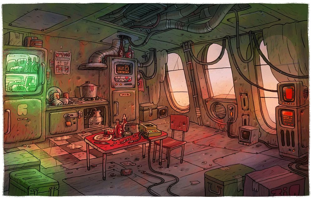Drawing of a shabby sci fi apartment