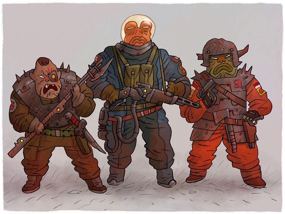 pencil drawing of 3 space raiders