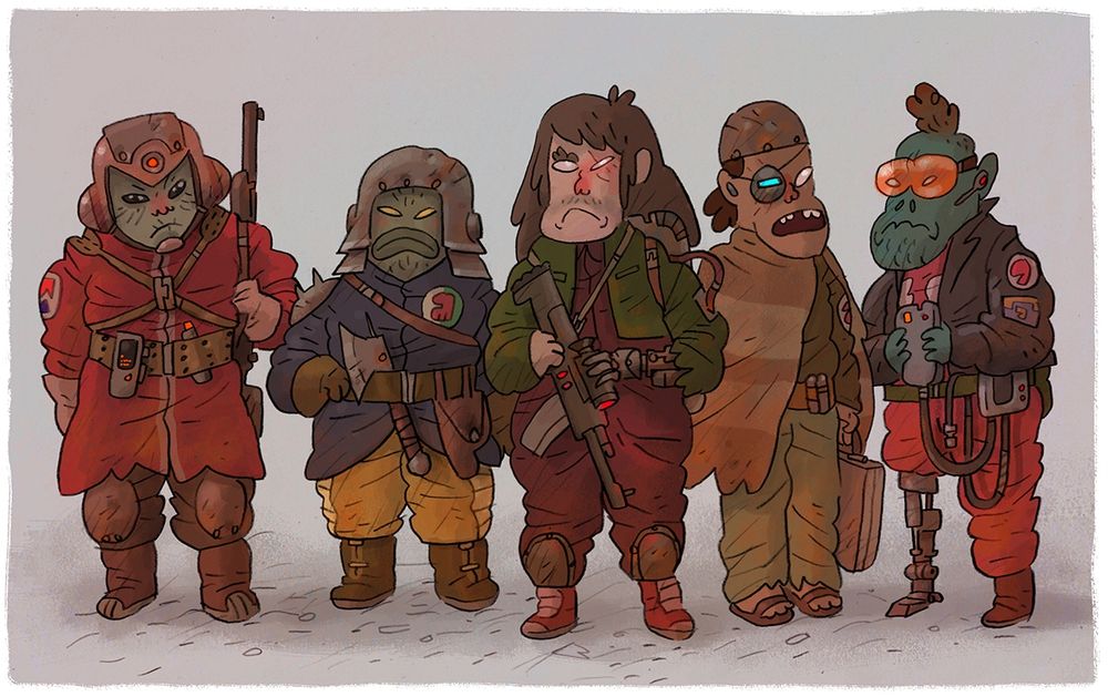 Pencil drawing of 5 sci-fi type characters