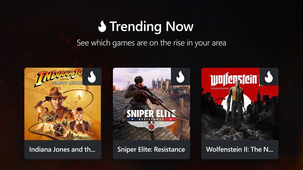 The PC Game Pass Trending Now section. Text reads: Trending Now. See which games are on the rise in your area. Below three games are shown with box art: Indiana Jones and the Great Circle, Sniper Elite: Resistance, and Wolfenstein II: The New Colossus