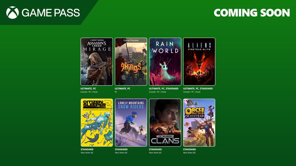 Assassin's Creed Mirage, 9 Kings (Game Preview), Rain World, Aliens: Fireteam Elite, Citizen Sleeper 2 Starward Vector, Lonely Mountain Snow Riders, Mech Warrior 5: Clans, and Orcs Must Die! Deathtrap are coming soon to Xbox Game Pass.
