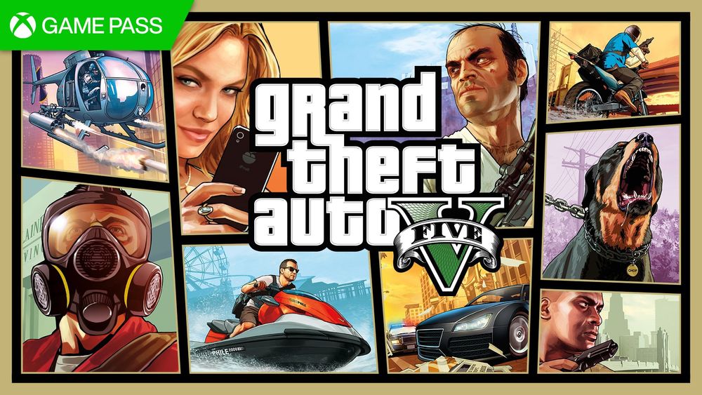 A horizontal version of the official cover art for Grand Theft Auto V. The Xbox Game Pass logo sits in the top left corner. 9 panels of different scenes are featured (top to bottom, left to right):
1. A helicopter in the air firing missiles.
2. A person wearing a gas mask.
3. A person holding a mobile phone while smirking.
4. A person riding a jet ski.
5. A person holding a weapon while looking to image left.
6. A black car and a police car on city roads.
7. A person holding a weapon while on a motorbike.
8. A barking dog.
9. A person holding a weapon while looking to image right.