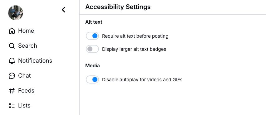Screenshot showing Settings, Accessibility Settings, Require alt text before posting switched on 