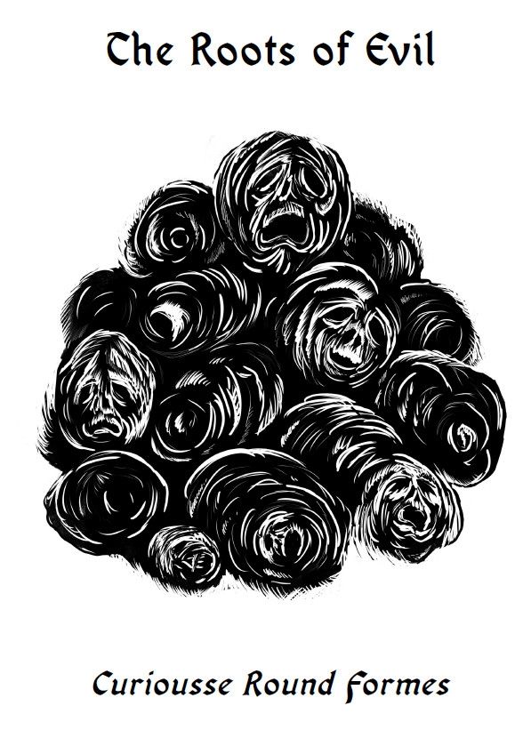 cover for the Roots of Evil. A black and white image of potatoes with screaming faces.