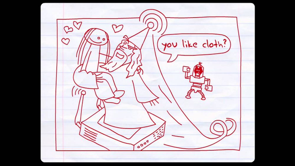 Still from Teen Girl Squad, with What's Her Face being flown away by a wizard who is asking "you like cloth?"