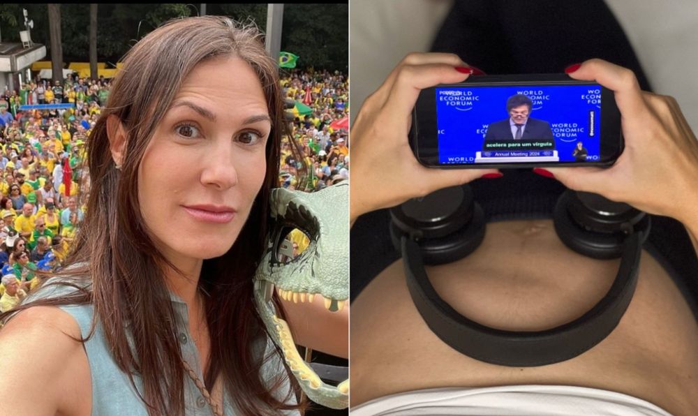 Grávida, pré-candidata do Novo em SP põe fones na barriga para bebê 'ouvir' discurso de Milei