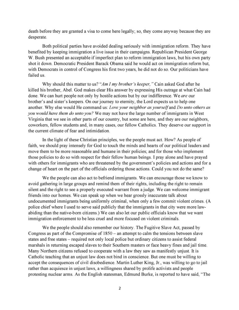 A statement from the Roman Catholic Diocese of Wheeling-Charleston, which is too long to fit in the alt text box but can be read here: https://dwc.org/07-31-25-bishop-brennens-statement-on-the-current-immigration-crisis/#:~:text=We%20are%20a%20nation%20built,criminals%20and%20law%2Dabiding%20persons.