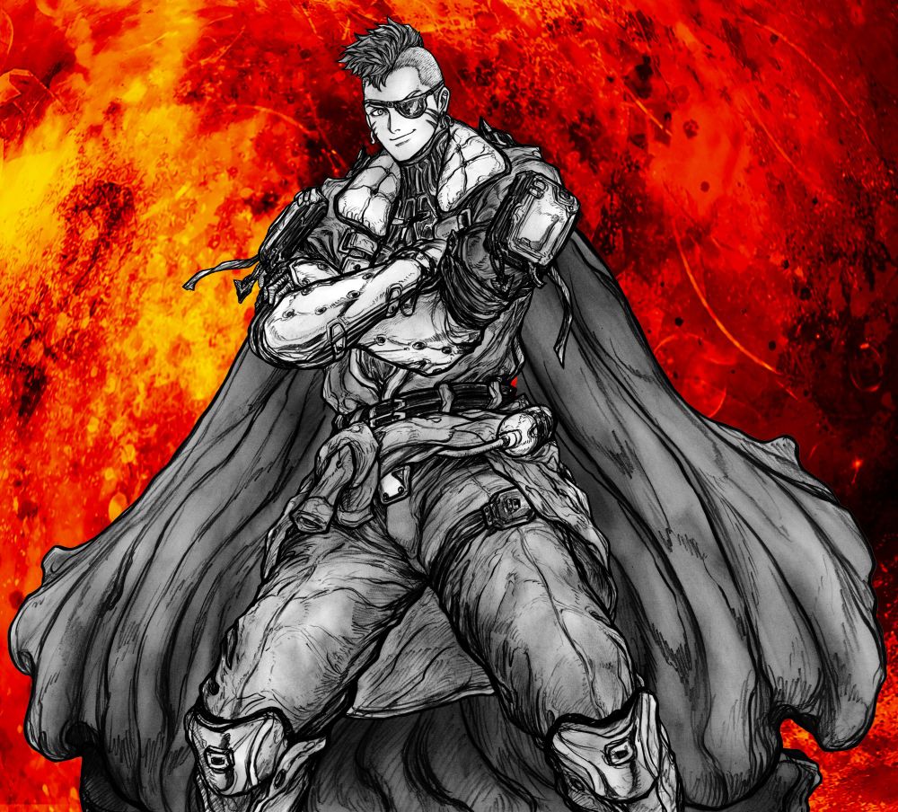 A black and white drawing of the poster's Warframe Drifter OC, Lars. He is a young man with a mohawk hairstyle, an eye patch, a long cape and a large combat jacket. He is looking towards the camera with a cocky smile and stands against a flaming red background.