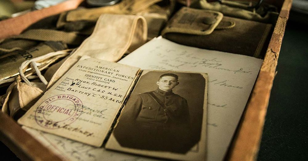 A box of wartime mementos, including an identity Card from the American Expedition Forces.