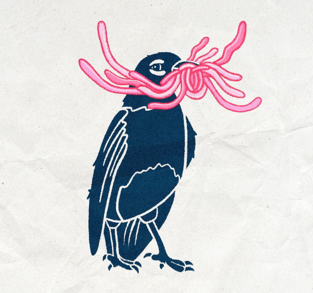 A distressed illustration of a blue tinted bird with 12+ worms in it's mouth. The background is a creased piece of plain white paper.