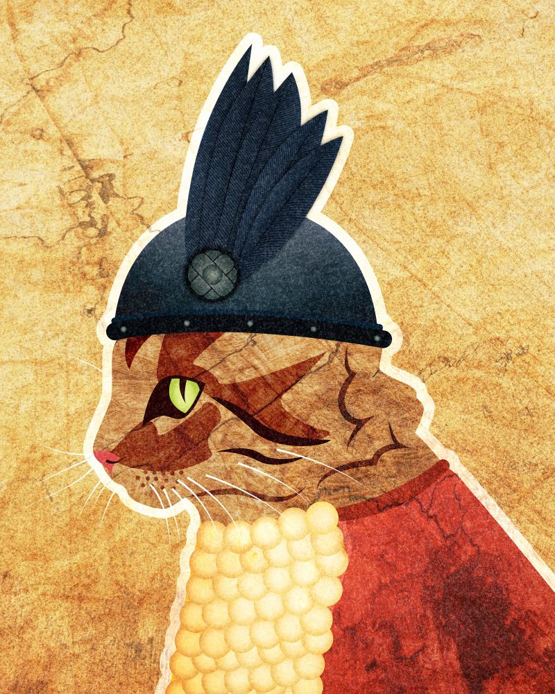 Illustration based on the 1936 cat portrait "Brünnhilde" of a brown cat wearing gold armor, a red cloak, and a viking style hat.