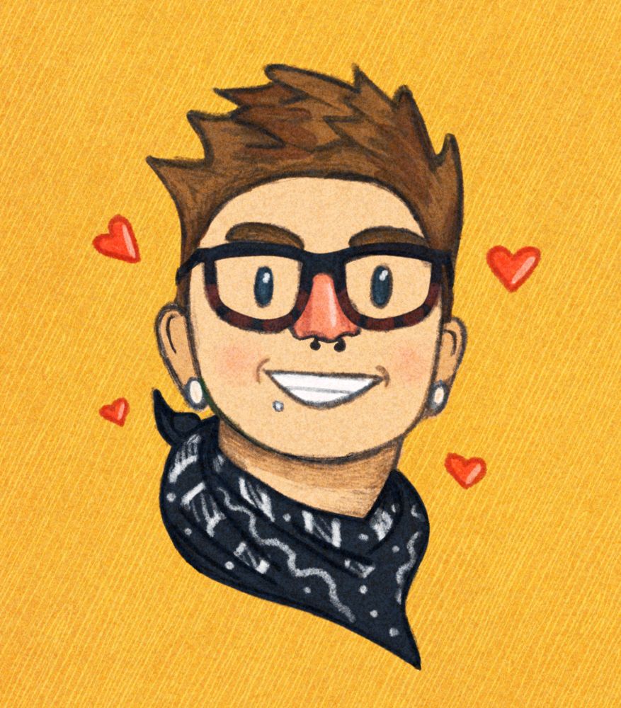 An illustrated selfie of a person with spiky messy brown hair, black and brown glasses, and a black bandana. The background is yellow, and 4 hearts are around the portrait.