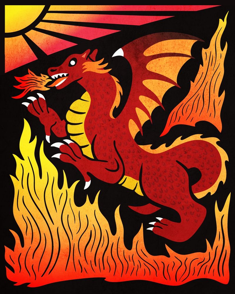 An illustration of a red and gold dragon breathing fire everywhere on a black background. A yellow and pink sun shines above in the upper left corner.